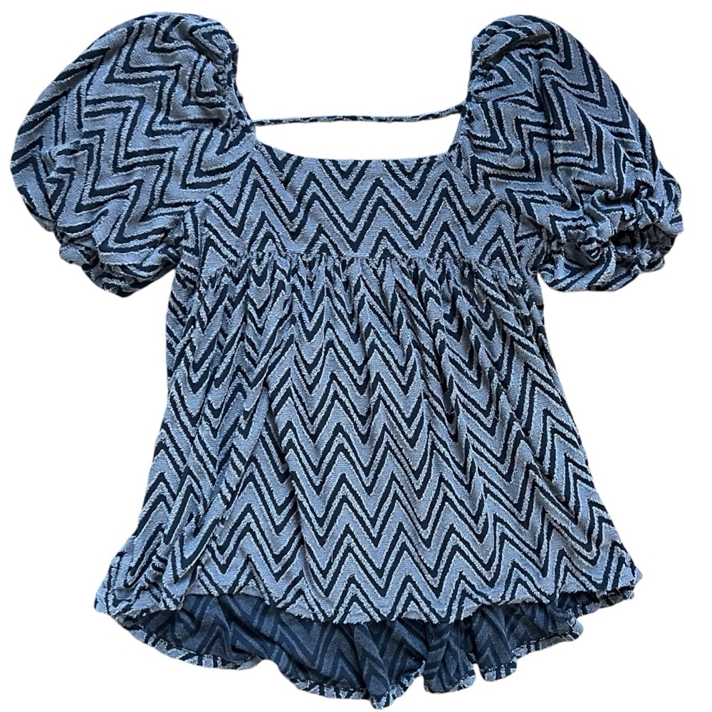 Free People Wavy Baby Short Sleeve Sweater Tunic Top Gray Black Chevron size Med